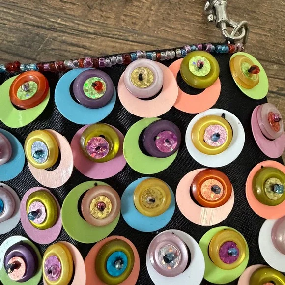 Funky Beaded Button Shoulder Bag Multi Color Boho Chic